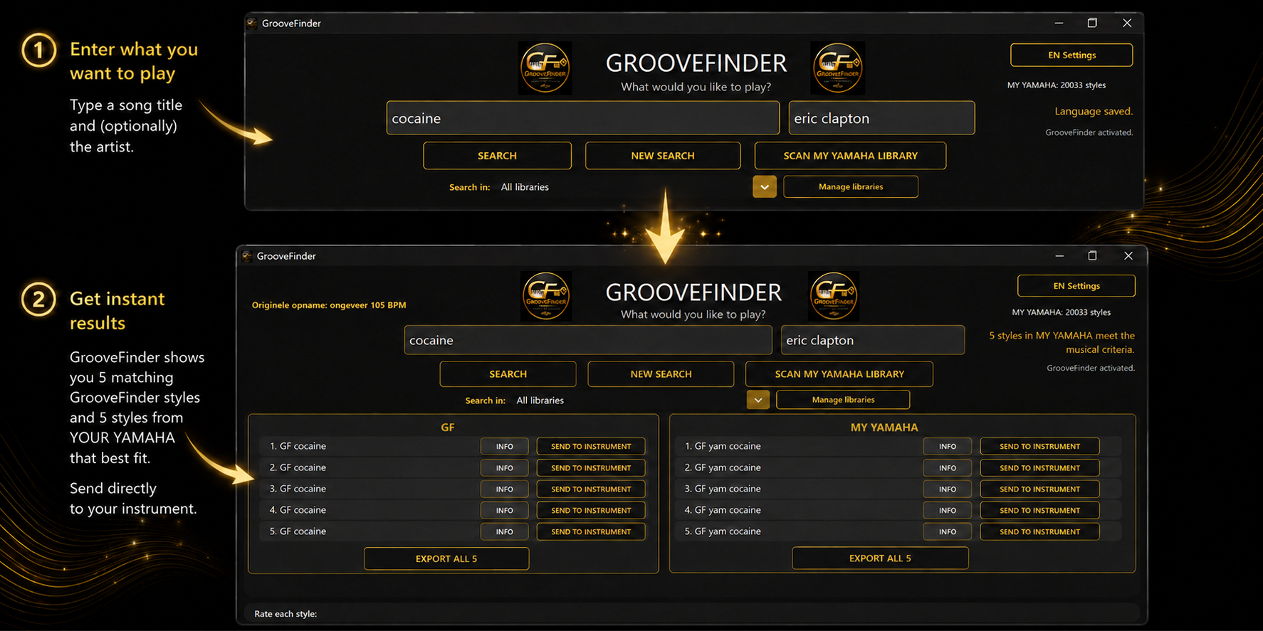 GrooveFinder and My Yamaha results shown side by side
