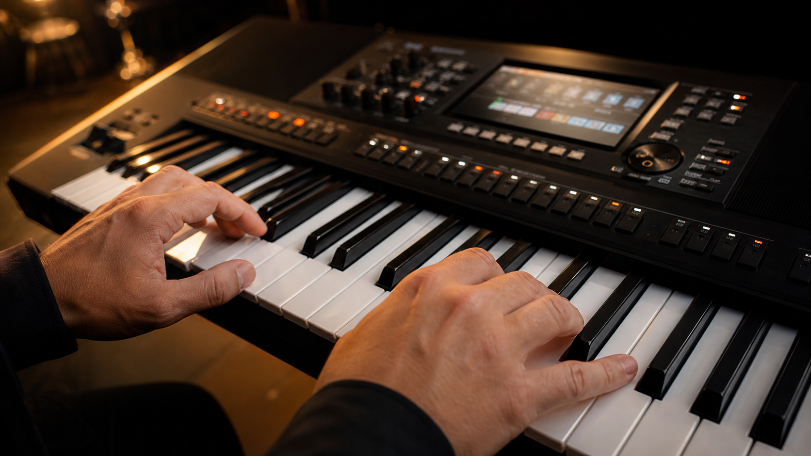 Musician playing a Yamaha arranger keyboard