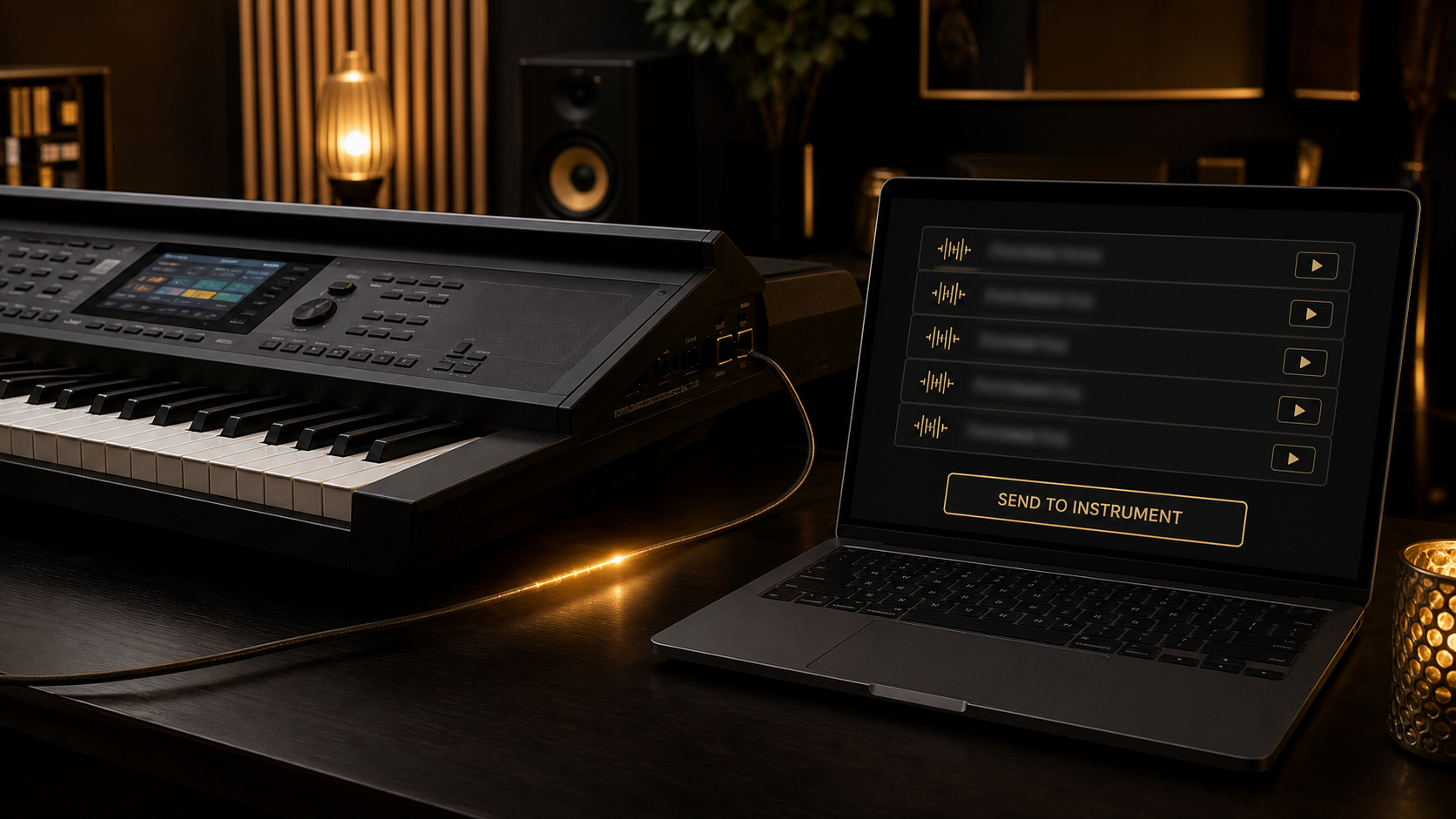 Laptop running GrooveFinder connected to a Yamaha arranger keyboard